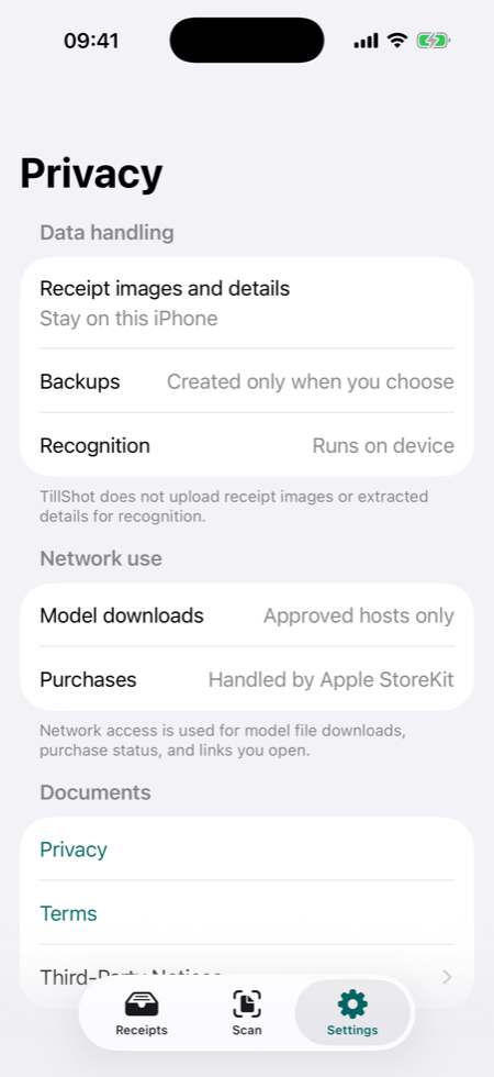 TillShot Privacy settings screen showing local data handling.