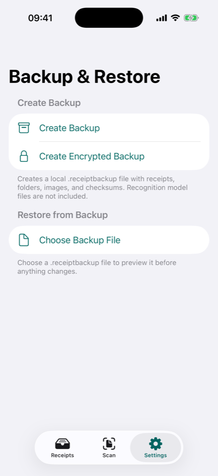 TillShot Backup and Restore settings screen.