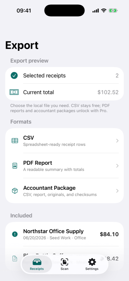 TillShot Export screen with CSV, PDF Report, and Accountant Package formats.