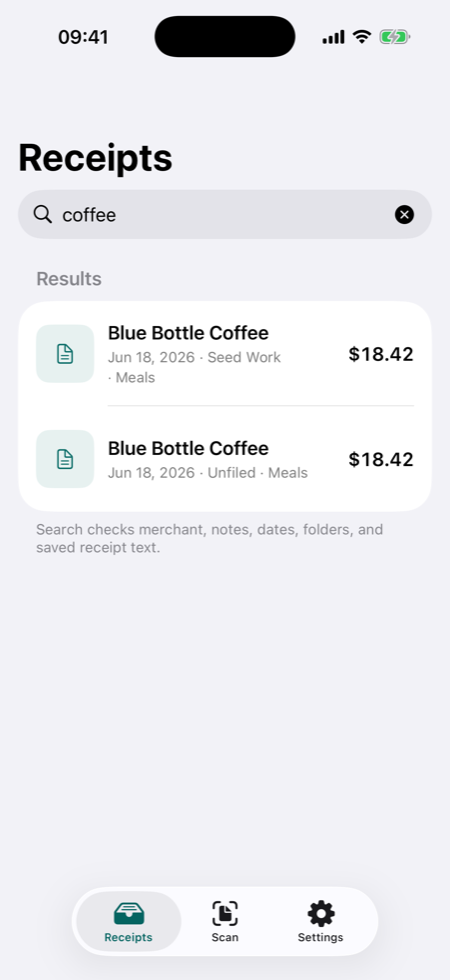 TillShot Receipts search screen with matching receipt cards.
