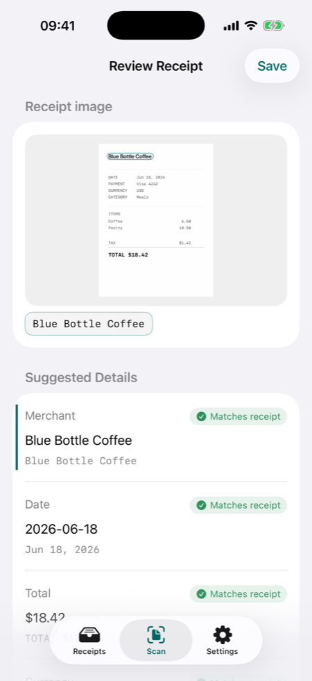 TillShot Review Receipt screen with editable receipt fields and match status badges.